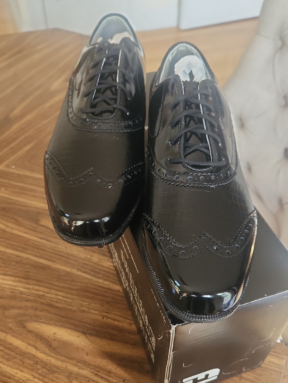 NEW- NWT & Pkg.- FootJoy Black Patent Athletic Wingtip Golf Shoes